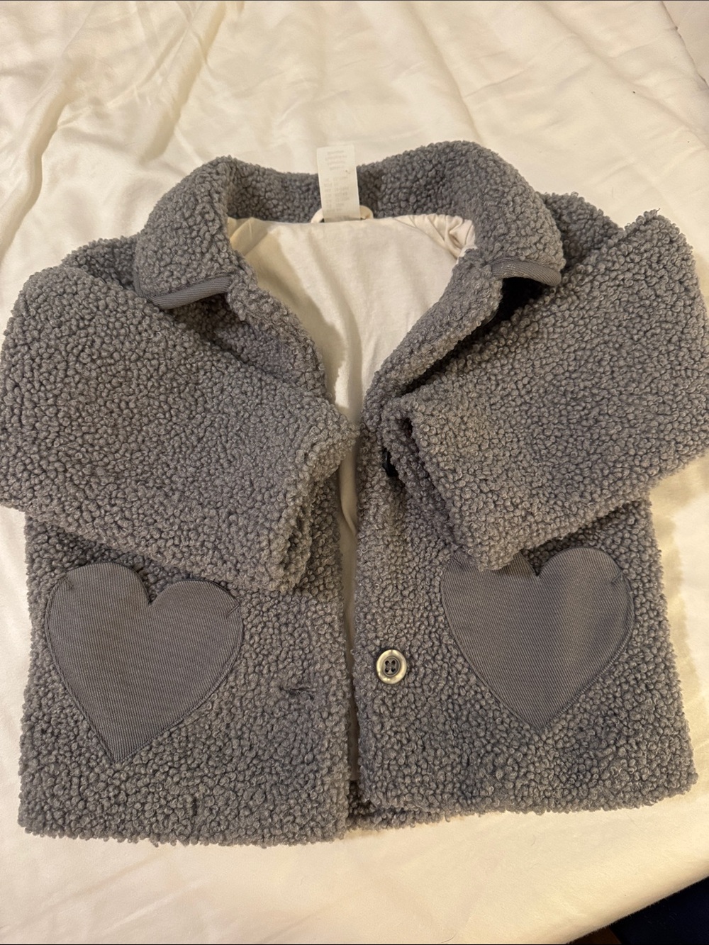 H&M Grey Sherpa Puffer Jacket with Heart Patches